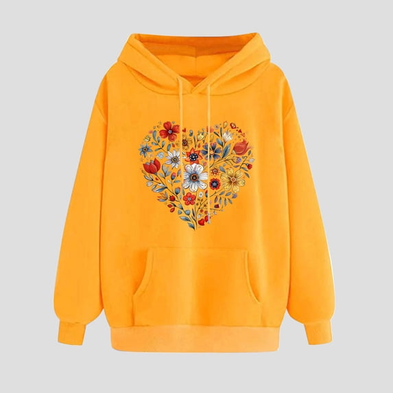 Crunowin Women Hooded Sweatshirts, Heart Printed Long Sleeve Loose Fit Fashion Pullover Tops Yellow L