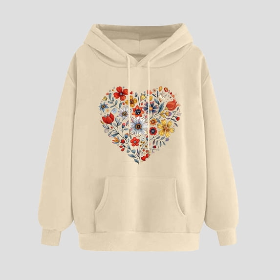 Crunowin Women Hooded Sweatshirts, Long Sleeve Heart Printed Loose Fit Fashion Pullover Tops Khaki XXL