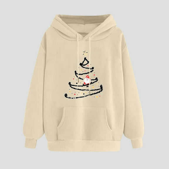 Crunowin Women Hooded Sweatshirts, Long Sleeve Loose Fit Christmas Printed Fashion Pullover Tops Khaki L