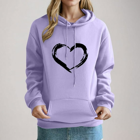 Crunowin Women Hooded Sweatshirts, Loose Fit Heart Printed Long Sleeve Fashion Pullover Tops Purple L