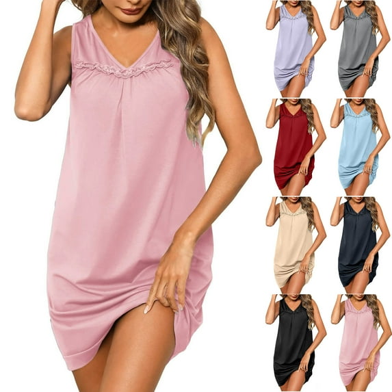 Crunowin Women Nightgowns Sleeveless Tank Dress Lace Sleep Dress Casual Loungewear Pink Size L