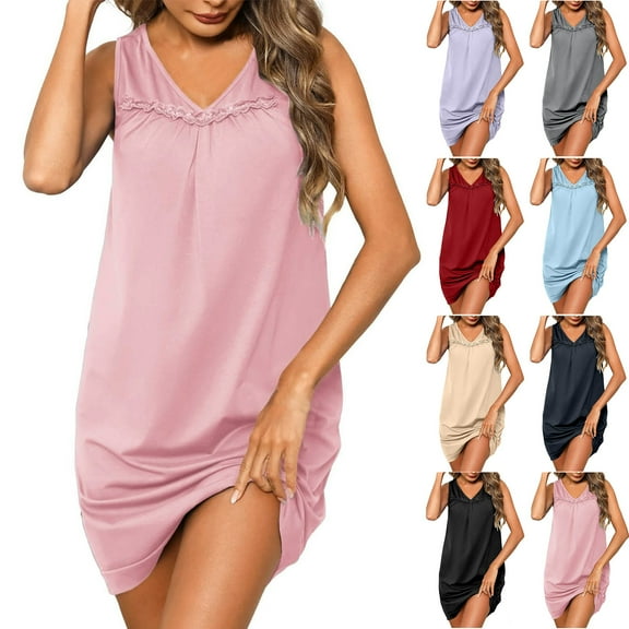 Crunowin Women Nightgowns Sleeveless Tank Dress Lace Sleep Dress Casual Loungewear Pink Size L