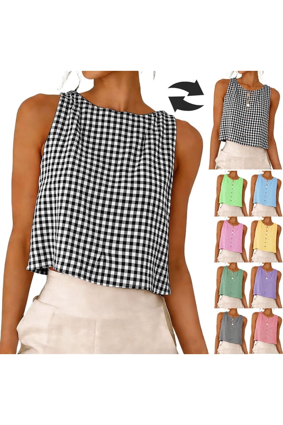 Women Plaid Sleeveless Round Neck Top Summer Reversible Casual Blouse Yellow Size S
