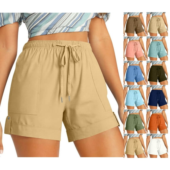 Crunowin Women Plus Size Shorts(L-5XL) Drawstring Comfy Elastic Waist Shorts Summer Pull On Short Khaki 2XL