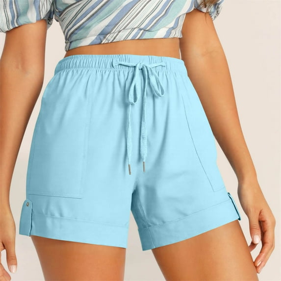 Crunowin Women Plus Size Shorts(L-5XL) Drawstring Comfy Elastic Waist Shorts Summer Pull On Short Light Blue L