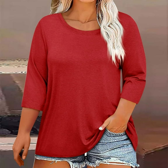 Crunowin Women Plus Size Tops Casual 3/4 Sleeve T Shirts Round Neck Tees Oversized Comfy Loose Fit Tops Red Size 3XL