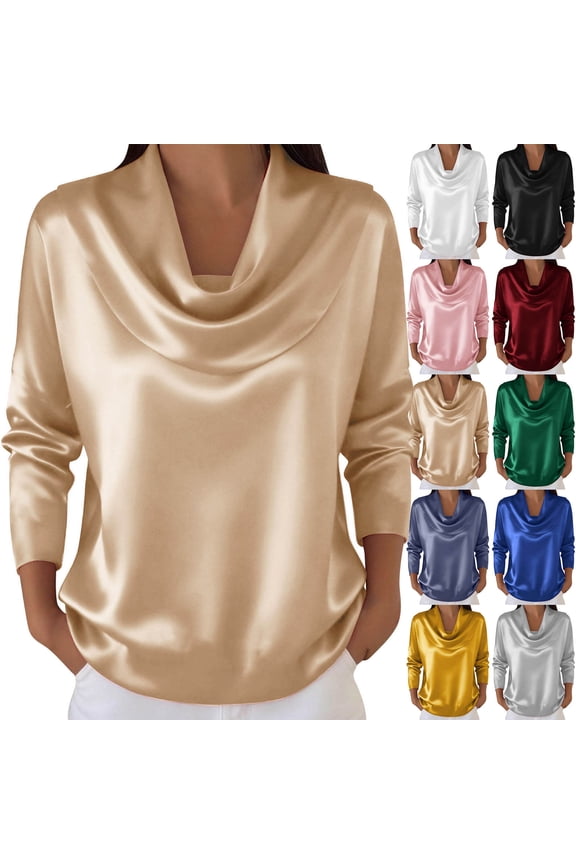 Women Satin Long Sleeve Blouse, Pleated Draped Neckline Dressy Shirt Top Navy XL