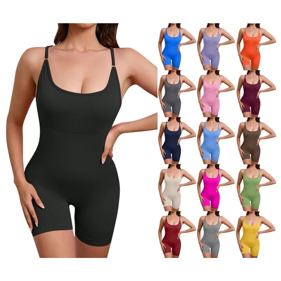 Crunowin Women Seamless Shapewear Jumpsuit, Removable Padded Bra Adjustable Cross-Back Straps Sleeveless Workout Bodysuit for Yoga Fitness & Dance Brown M