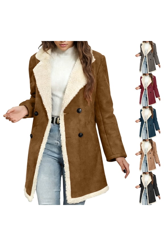 Women Suede Jacket Sherpa Fleece Lined, Faux Leather Coat Mid Length Jacket Casual Winter Outerwear Khaki XL