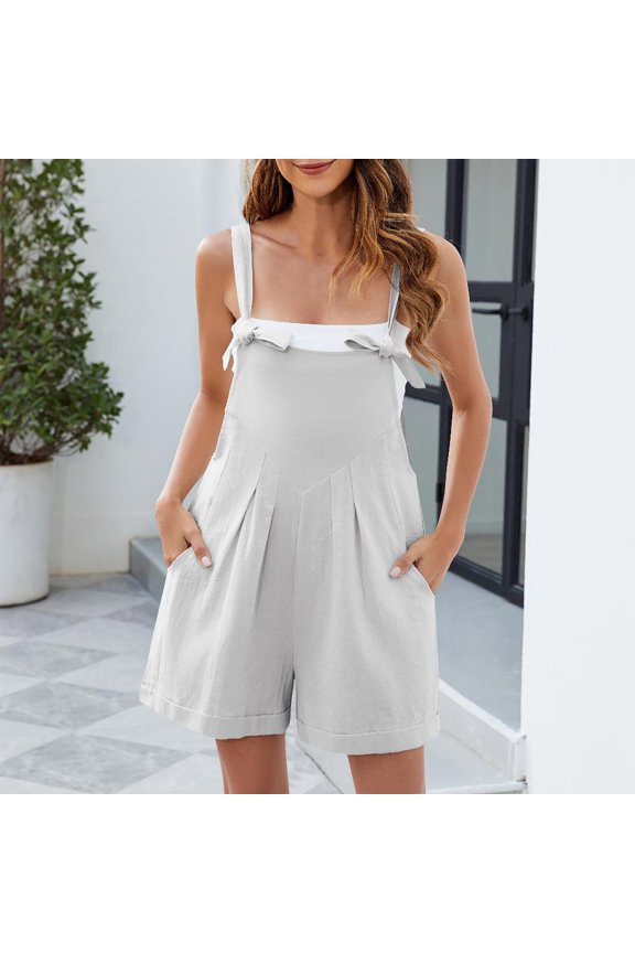 Women Summer Shorts Rompers Overalls Adjustable Knot Front Strap Sleeveless Casual Jumpsuits Gray Size S