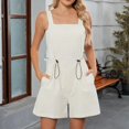 thumbnail image 1 of Crunowin Women Summer Sleeveless Romper Square Collar Straps Short Jumpsuit with Pockets Beige Size 2XL, 1 of 8