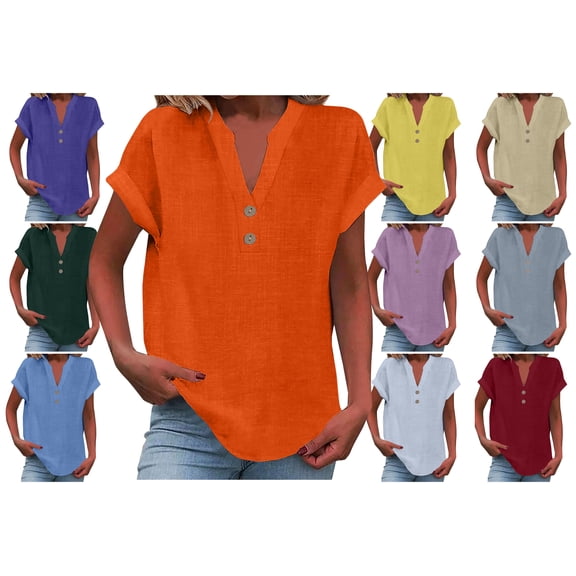 Crunowin Women V-Neck Linen Shirts, Vintage Vacation Tees Buttoned Loose Fit Short Sleeve Summer Blouses Blue L