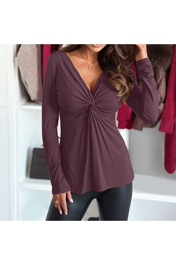 Women V Neck Tops, Twist Knot Front Elegant Shirts Long Sleeve Blouse Purple L
