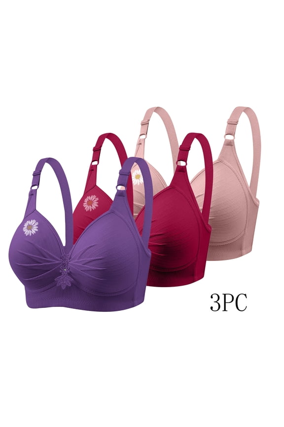 Women's 3PC Wirefree Bra with Adjustable Straps, Graphic Print Push Up Bralette Breathable Daily Bra Purple 38/85BC