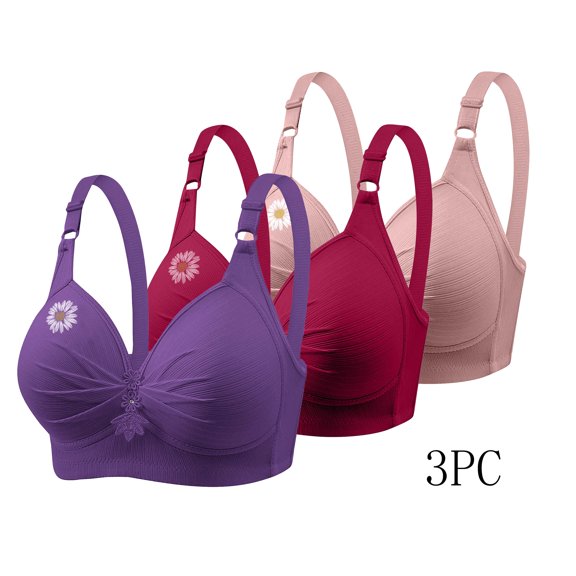 Crunowin Women's 3PC Wirefree Bra with Adjustable Straps, Graphic Print Push Up Bralette Breathable Daily Bra Purple 48/110BC