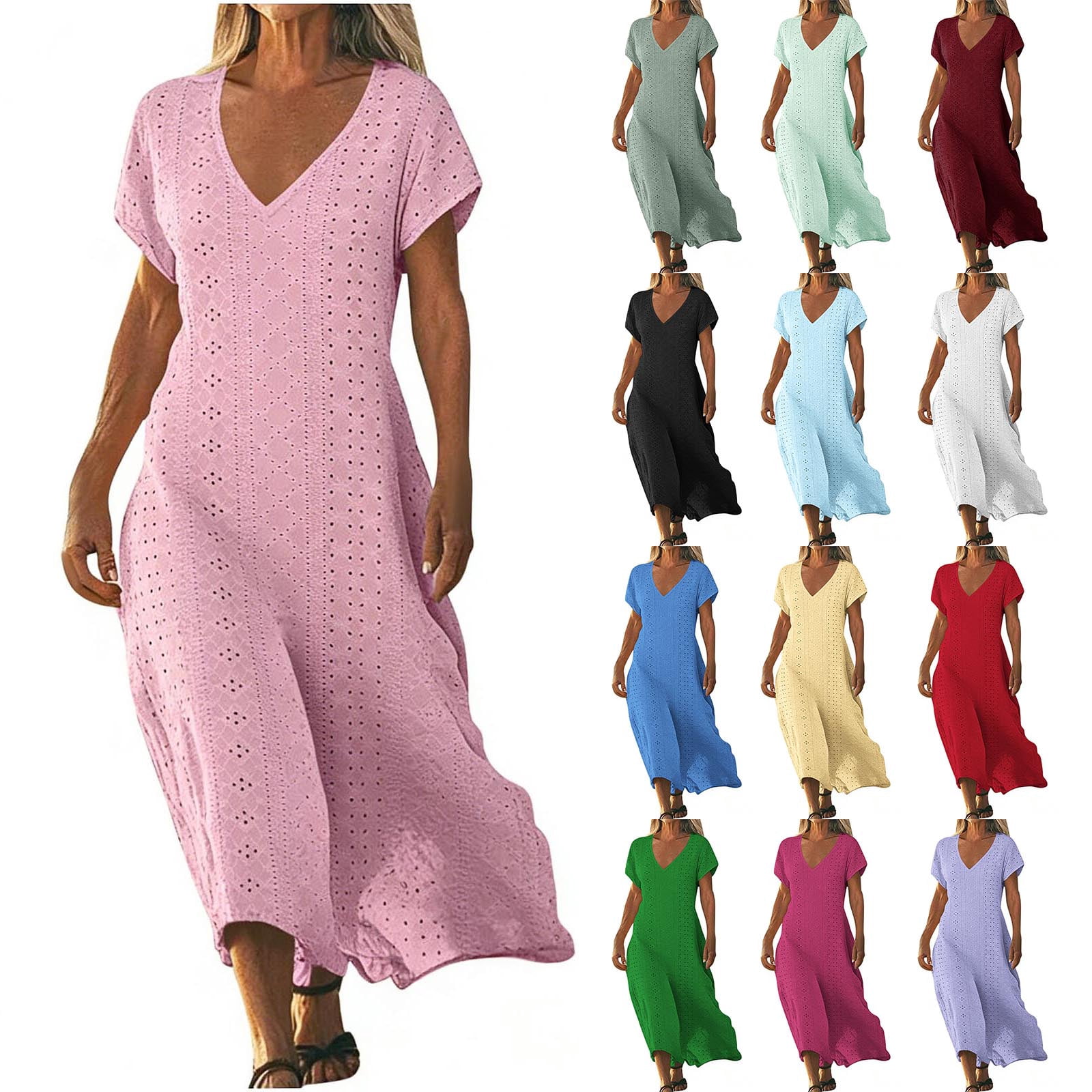 Crunowin Women's A-Line Dress, Short Sleeve V-Neck Dress Casual Summer ...