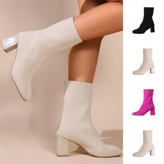 Crunowin Women's Ankle Boots, Casual Round Toe Sock Knitted Elastic Chunky Heel Everyday Shoes Black 9