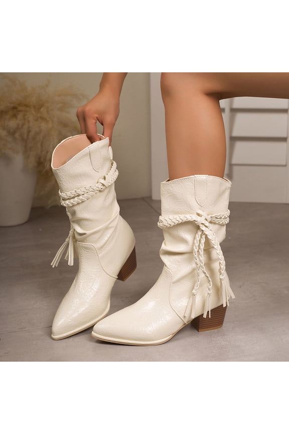 Women's Ankle Boots, Chunky Mid-Heel Fall Winter Tassel Strap Everyday Shoes White 9