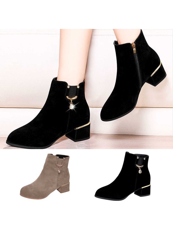 Women's Ankle Boots, Fall And Winter Rhinestone Frosted Fleece Lined Thick Mid Heel Casual Shoes Black 6.5