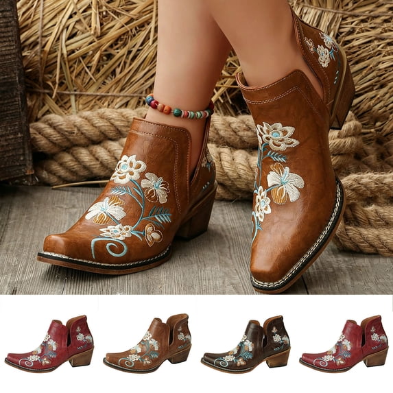 Crunowin Women's Ankle Boots, Fall Embroidered Chunky Mid Heel Casual Shoes Brown 9.5