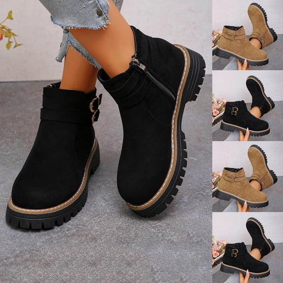 Crunowin Women's Ankle Boots, Fall Winter Buckle Thick Sole Oversized Casual Shoes Black 6