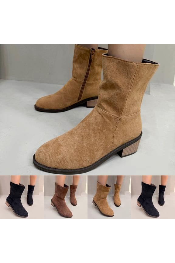 Women's Ankle Boots, Fall Winter Chunky Heel Side Zipper Suede Lightweight Shoes Khaki 7.5