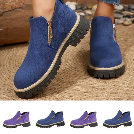 Crunowin Women's Ankle Boots, Fall Winter Round Toe Side Zipper Suede Thick Sole Classic Shoes Purple 6