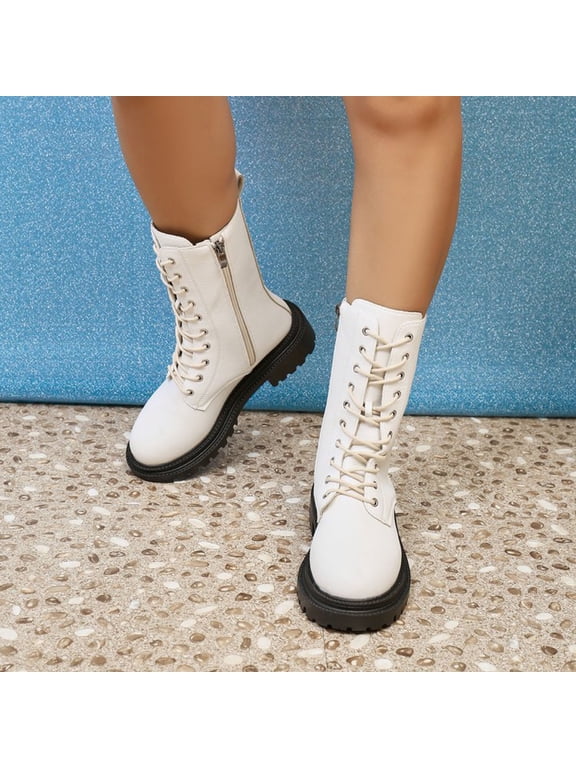 Women's Ankle Boots, Fall Winter Side Zipper Wrap Strap Block Heel Stylish Shoes White 9