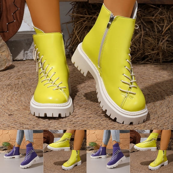 Crunowin Women's Ankle Boots, Fall Winter Thick Sole Motorcycle Shiny Soft Leather Plus Size Shoes Yellow 9