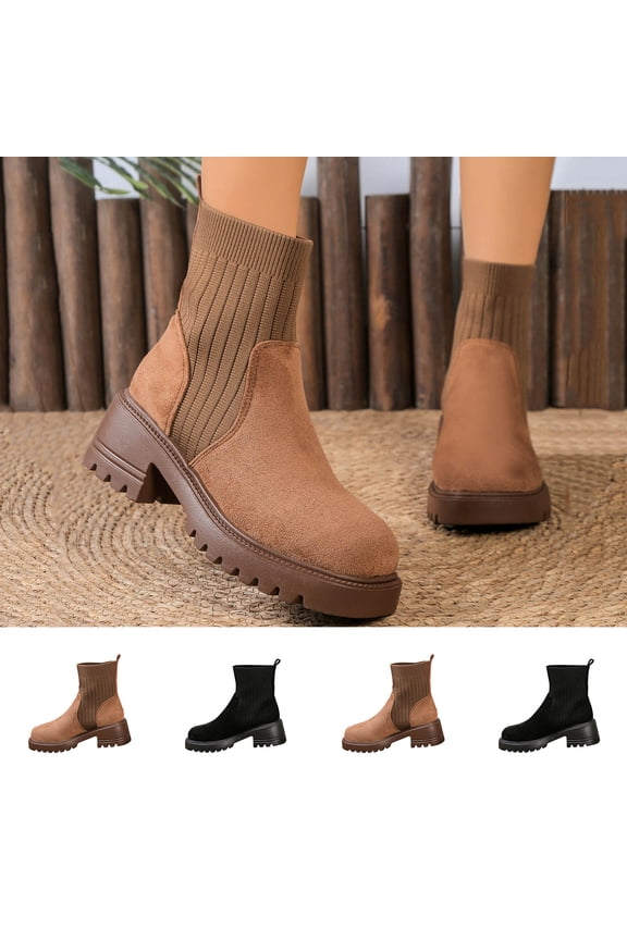 Women's Ankle Boots, Fashion Winter Knit Patchwork Round Toe Chunky Mid Heel Shoes Black 6