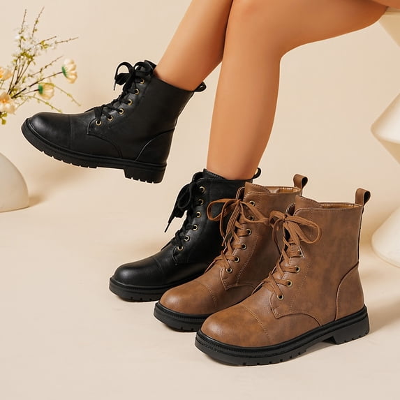 Crunowin Women's Ankle Boots, Front Lace-Up Chunky Low Heel Casual Winter Round Toe Everyday Shoes Brown 7.5