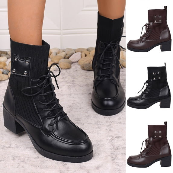 Crunowin Women's Ankle Boots, High Heel Chunky Sole Casual Lace-Up Fashion Shoes Wine 7
