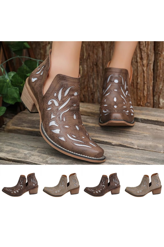 Women's Ankle Boots, Hollow Out Chunky British Mid Heel Casual Shoes Brown 7