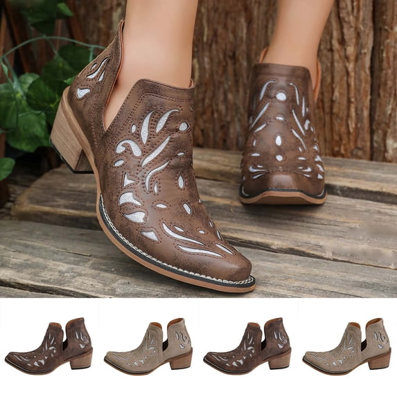 Crunowin Women's Ankle Boots, Hollow Out Chunky Mid Heel British Casual Shoes Gray 5.5