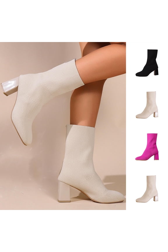 Women's Ankle Boots, Knitted Elastic Chunky Heel Round Toe Sock Casual Everyday Shoes Black 7.5
