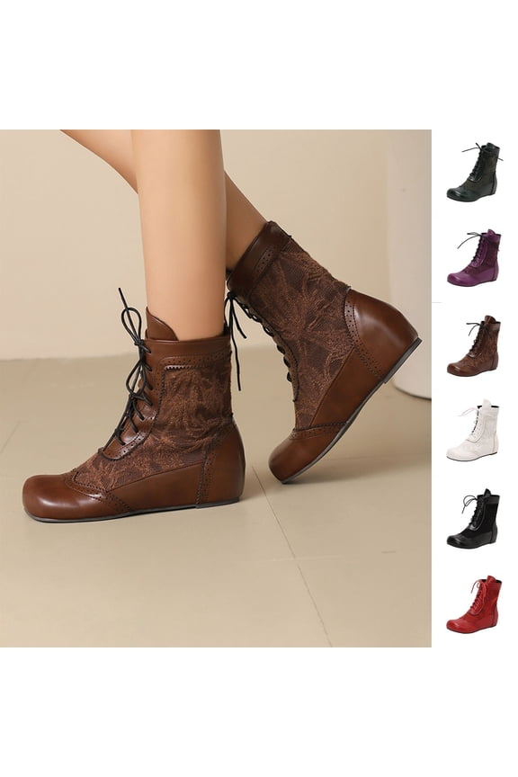 Women's Ankle Boots, Lace-Up Flat Round Toe Casual Comfort Shoes Black 5.5