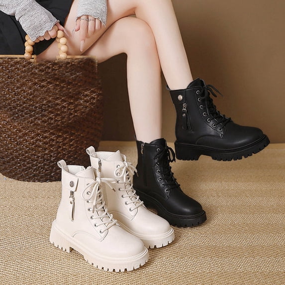 Crunowin Women's Ankle Boots, Lace-Up Side Zipper Autumn Chunky Heel Everyday Shoes Black 7