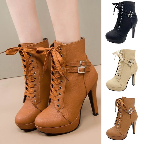 Crunowin Women's Ankle Boots, Leather Strap Buckle Fall And Winter Round Toe High Heel Casual Shoes Brown 4.5