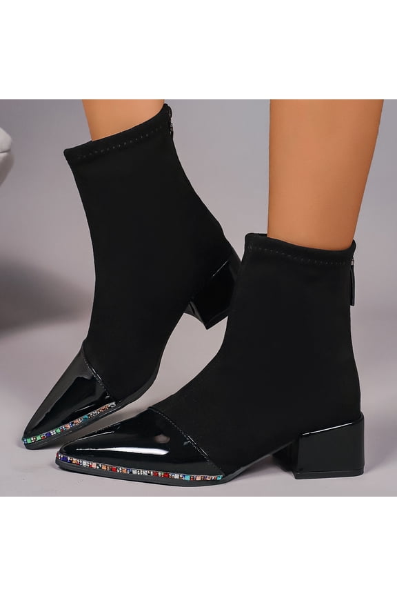 Women's Ankle Boots, Pointed Toe Chunky Heel Back Zipper Slim Fit Fall Winter Comfort Shoes Black 7