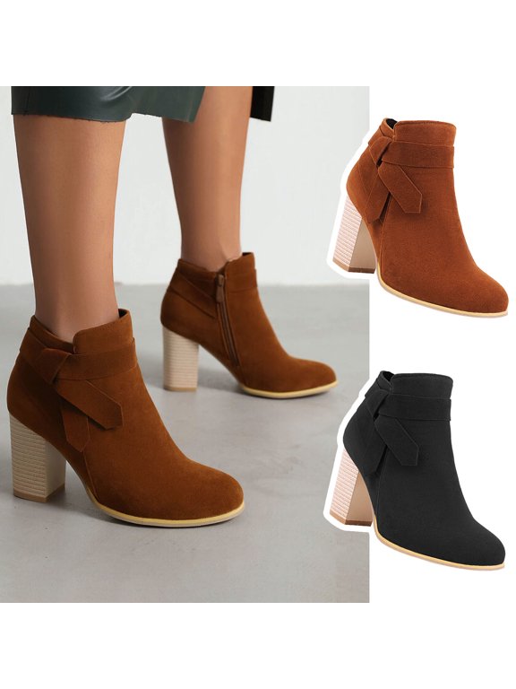 Women's Ankle Boots, Pointed Toe High Heel Fall And Winter Frosted Wood Grain Vintage Shoes Brown 7.5