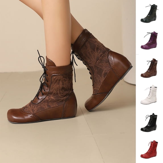 Crunowin Women's Ankle Boots, Round Toe Casual Lace-Up Flat Comfort Shoes Green 8.5