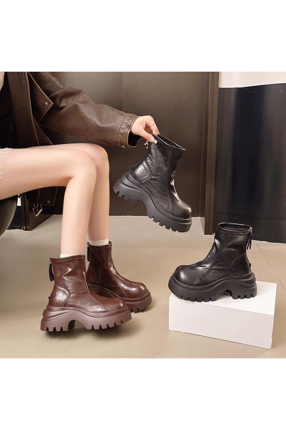 Women's Ankle Boots, Round Toe Martin Thick Sole British Winter Everyday Shoes Brown 5.5