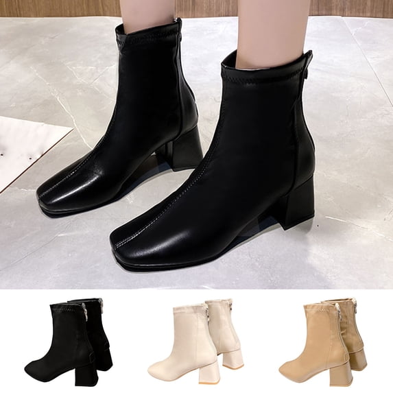 Crunowin Women's Ankle Boots, Square Toe Side Zipper Mid Heel Retro Casual Everyday Shoes Black 7.5