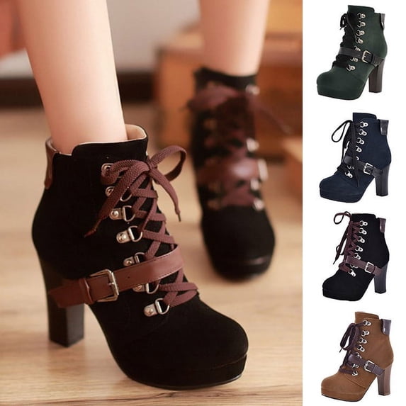 Crunowin Women's Ankle Boots, Suede Bandage Winter Round Toe High Heel Comfort Shoes Blue 5.5