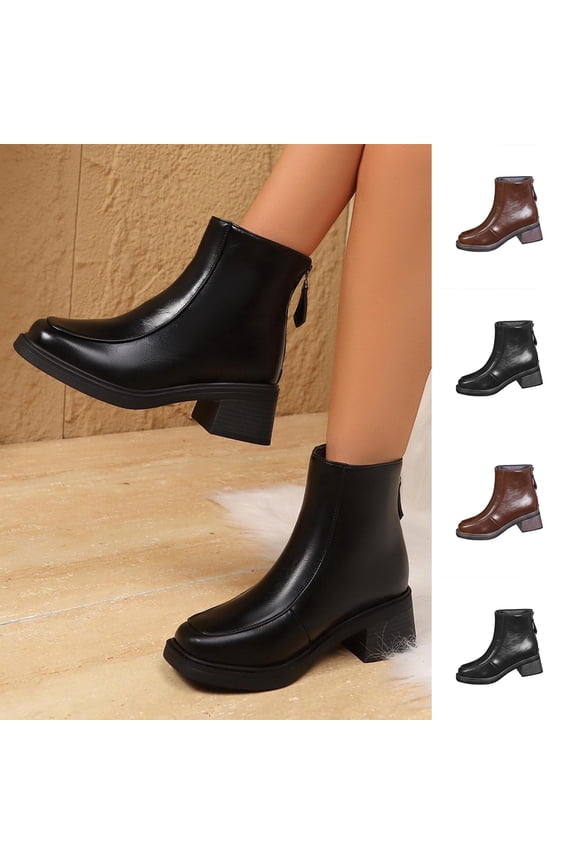 Women's Ankle Boots, Thick Sole Chunky Heel Fall Winter Solid Color Retro Versatile Shoes Brown 9