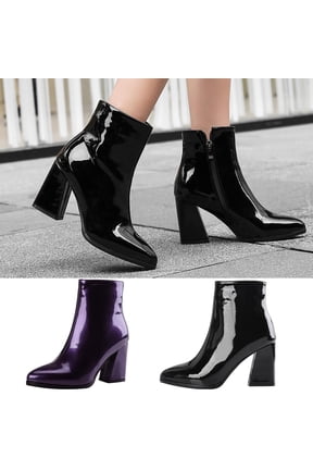 Women's Ankle Boots, Zipper Mirror Finish Round Toe High Heel Fall And Winter Comfort Shoes Black 5.5
