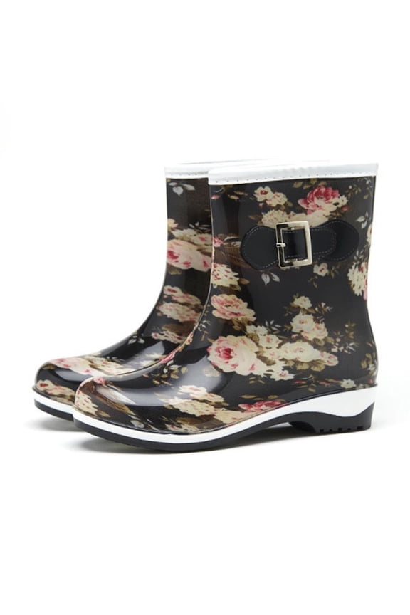 Women's Ankle Rain Boots, Bow Buckle Floral Print Mid-Calf Style Outdoor Casual Shoes Black 6