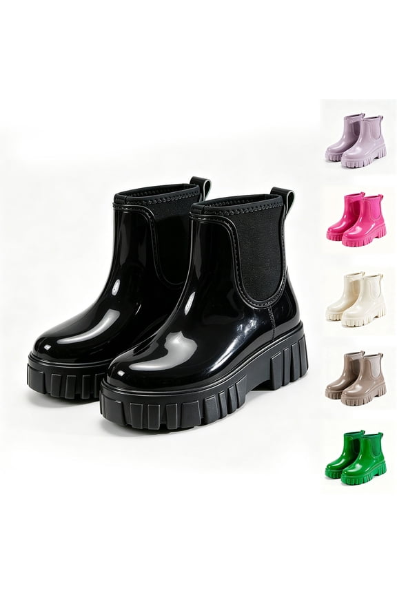 Women's Ankle Rain Boots, Glossy Waterproof Pull-On Deep-Tread Sole Multi-Weather Easy-Care Shoes Black 8