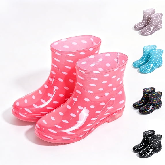 Crunowin Women's Ankle Rain Boots, Waterproof Multi-Color Print Shiny PVC Short Tube Casual Shoes Black 7