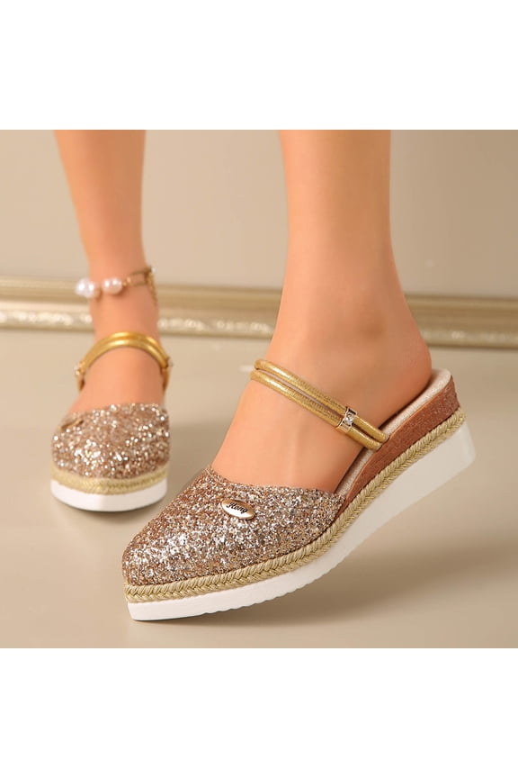 Women's Backless Closed Toe Wedge Shoes, Versatile Plus Size Half Mule Style Spring/Summer Trendy Comfortable Footwear Rose Gold 6.5